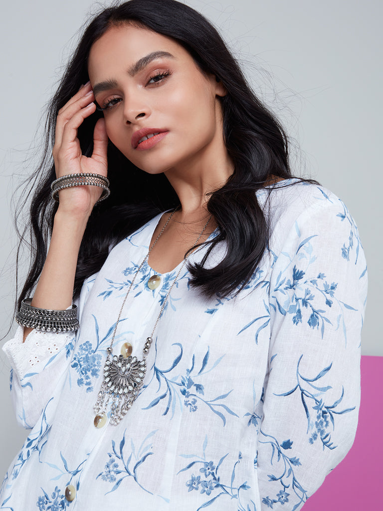 Zuba White Floral Patterned A-Line Kurta