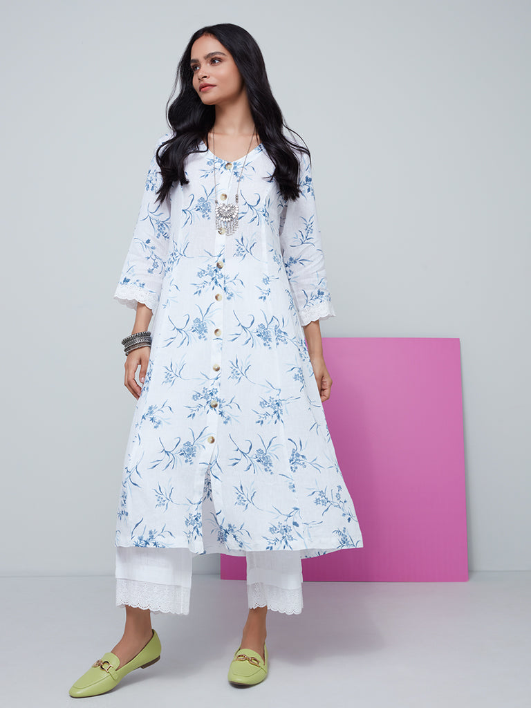Zuba White Floral Patterned A-Line Kurta