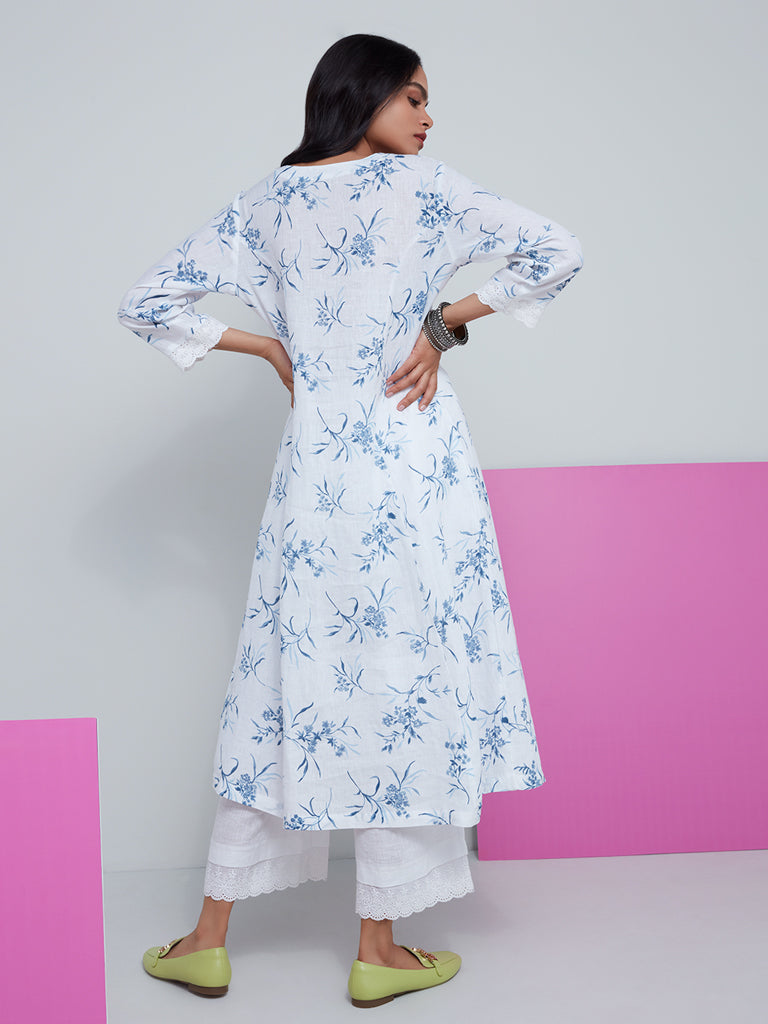 Zuba White Floral Patterned A-Line Kurta