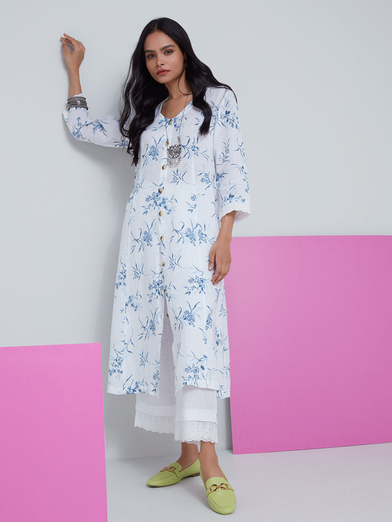 Zuba White Floral Patterned A-Line Kurta