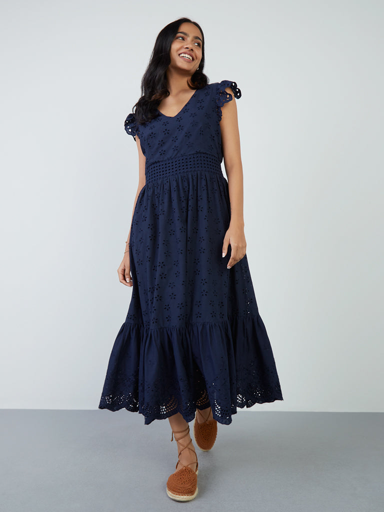 LOV Navy Schiffli Design Tiered Dress