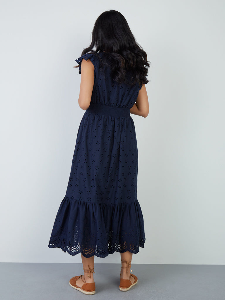 LOV Navy Schiffli Design Tiered Dress