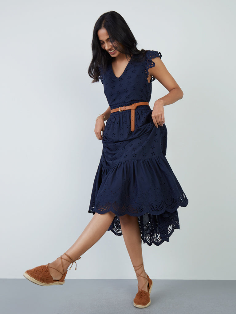 LOV Navy Schiffli Design Tiered Dress