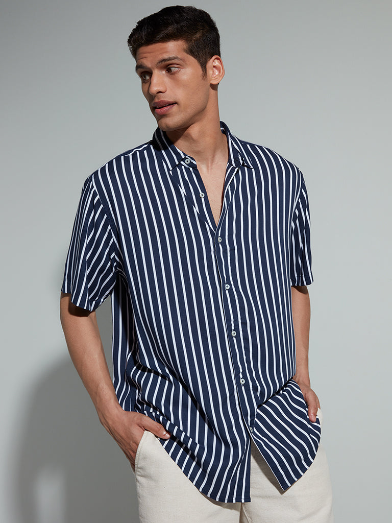 Ascot Navy Striped Relaxed-Fit Shirt