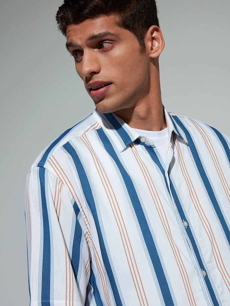 Ascot Blue and White Striped Relaxed-Fit Shirt