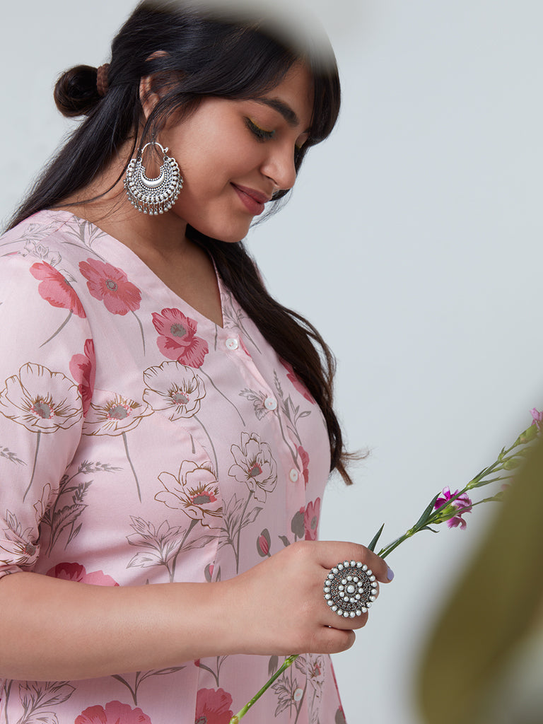 Diza Curves Pink Floral-Printed A-Line Kurta