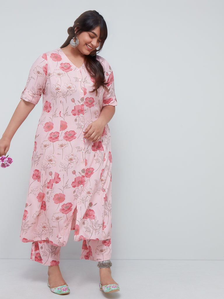 Diza Curves Pink Floral-Printed A-Line Kurta